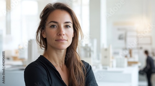 Free Download Confident young woman in modern workspace with natural light, casual black shirt, showcasing determination and focus in professional environment - GFXLoad