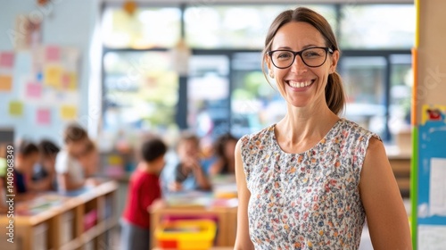 Cheerful female teacher standing in vibrant classroom with children engaged in activities, showcasing a positive learning environment and professional demeanor.