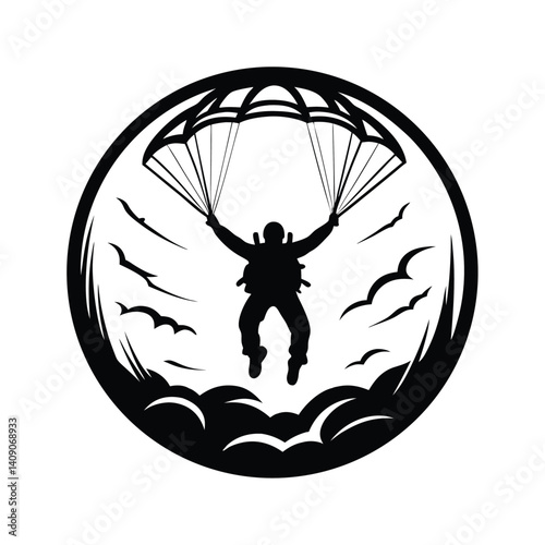 Monochrome Skydiver with Parachute in Round Frame, Birds, Abstract Icon Style