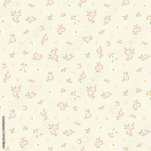 Flower print, seamless floral pattern, cute ditsy tile print, gentle flowers pattern. Botanical surface design, small hand drawn flowers, green leaves, bouquets on light background, floral Vector