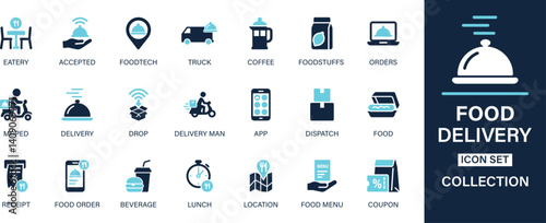 Food delivery icon set collection. Eatery, accepted, foodfest, truck, coffee, foodstuffs, orders, moped, delivery. And solid icon set.