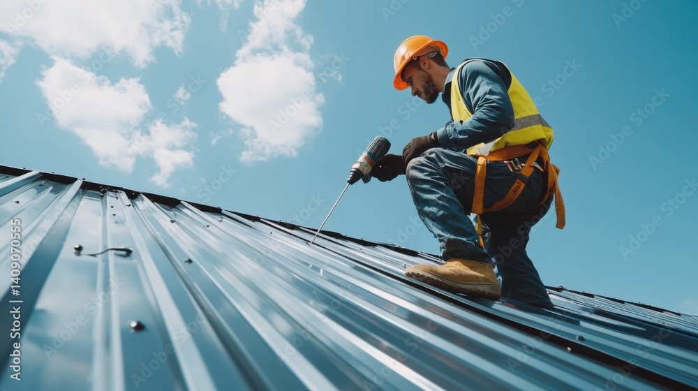 Roofer installing metal roofing sheets on a building. Featuring skill and safety Roofer installing metal roofing sheets on a building. Featuring skill and safety