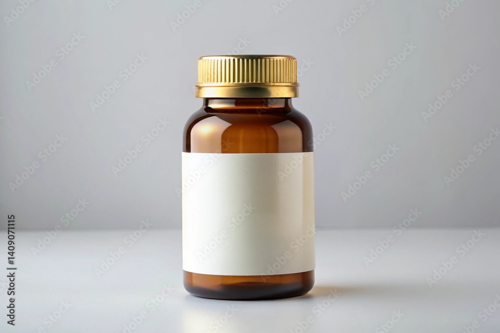 A bottle of medicine with a gold cap and a white label A bottle of medicine with a gold cap and a white label