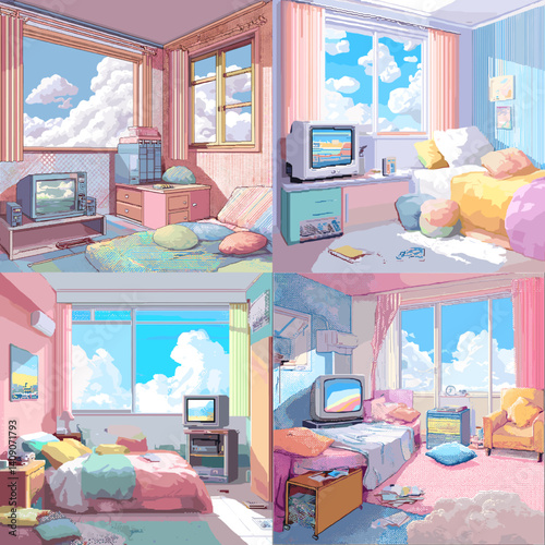 Dreamy pastel pixel art bedrooms with soft lighting, fluffy pillows, retro TVs, and blue sky windows, perfect for lo-fi aesthetics, cozy vibes, or nostalgic interior designs.

