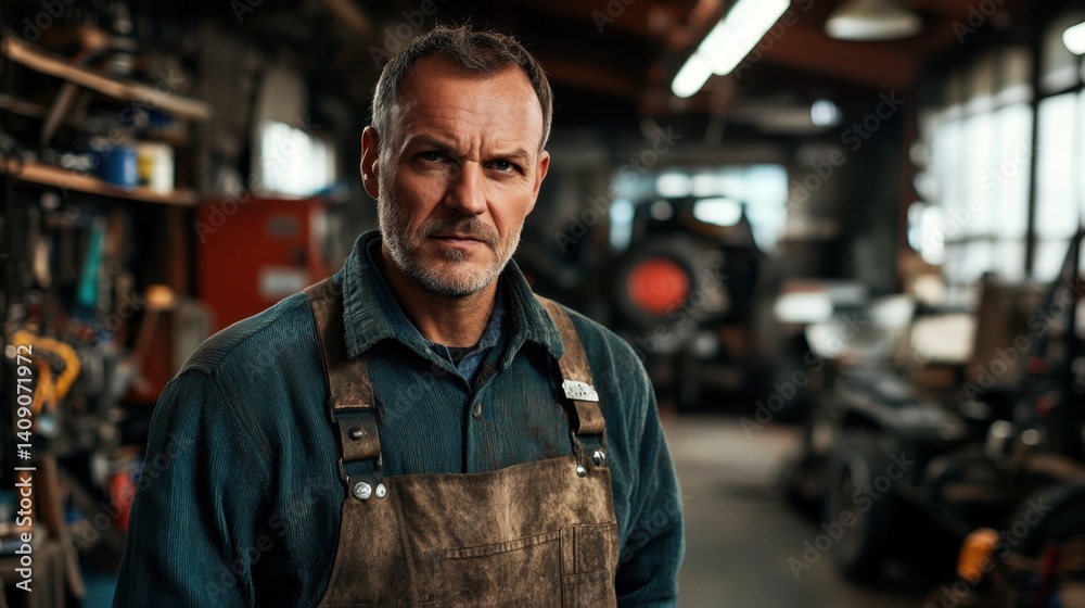 Skilled Male Worker in Workshop Unveiling Serious Expression while Wearing Apron and Standing in Industrial Environment Filled with Tools Skilled Male Worker in Workshop Unveiling Serious Expression while Wearing Apron and Standing in Industrial Environment Filled with Tools