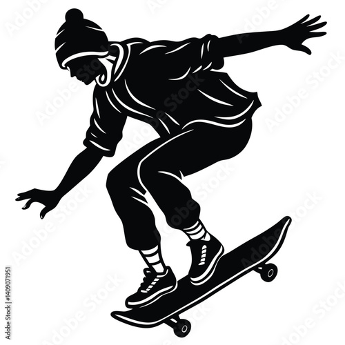 Silhouette of a Skateboarder Wearing Beanie, in MidAir Extreme Stunt