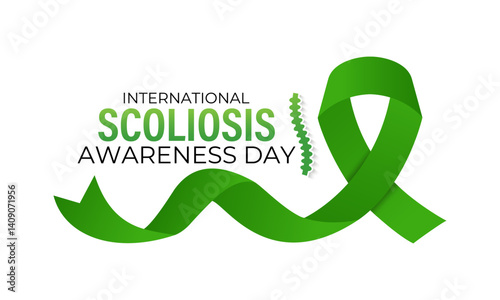 Illustration on the theme of International Scoliosis Awareness Day is on June 26th. A complex 3D spinal deformity causing abnormal curvature. Realistic ribbon with Banner poster, flyer and background.