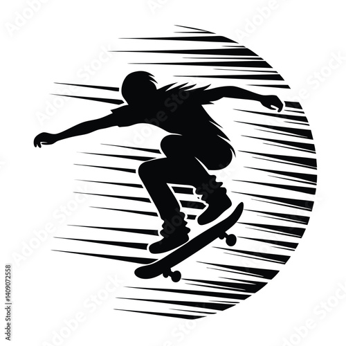 Silhouette of Skateboarder Performing Trick, Wearing Helmet, Casual Shoes in Action Pose
