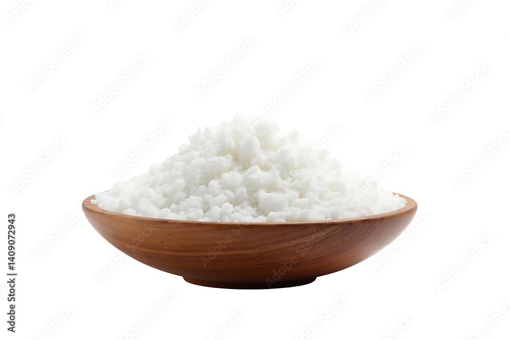 White coconut flakes in wood bowl pure natural White coconut flakes in wood bowl pure natural