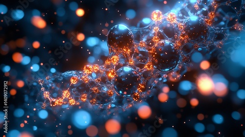Abstract blue and orange glowing sphere network digital art 3d dots data light shiny vivid future