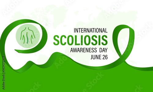 Illustration on the theme of International Scoliosis Awareness Day is on June 26th. A complex 3D spinal deformity causing abnormal curvature. Realistic ribbon with Banner poster, flyer and background.