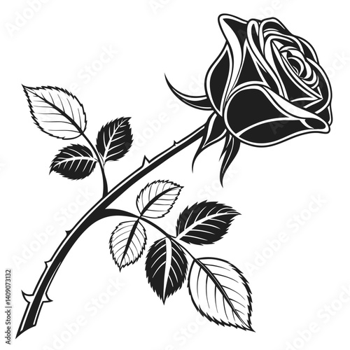 Single black rose on long stem with leaves and thorns Minimalist Style Plant art