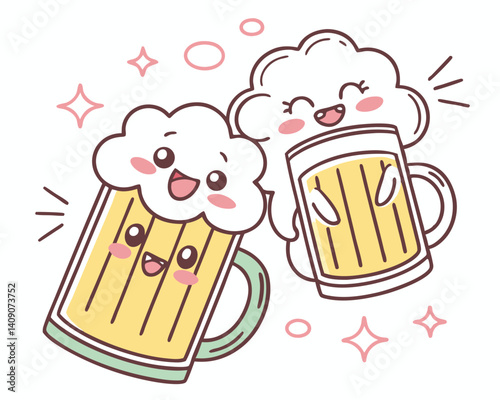 Cute cartoon beer mugs joyfully celebrating together  