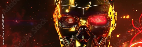 A cybernetic golden mask with interactive holographic eyes pulsating neon red energy