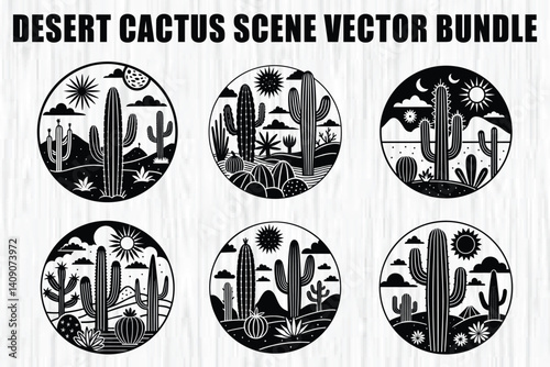  Vintage Desert Cactus Scene Vector