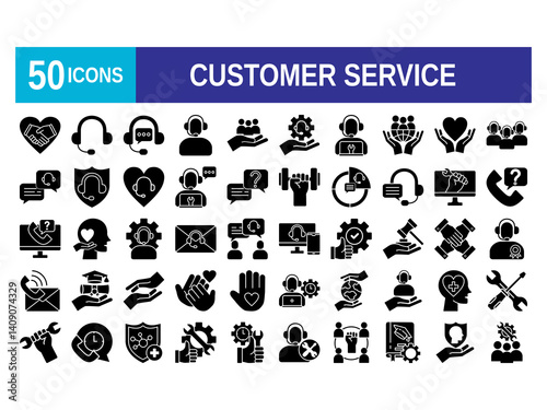 Customer service icon set. Containing customer satisfied, assistance, experience, feedback, operator and technical support icons. Solid icon collection.