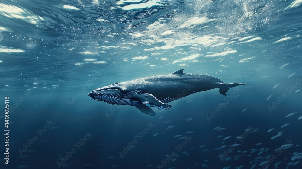 Naklejka premium The picture of the blue whale is swimming in the ocean with the bright light of the sun, blue whale is the largest mammal animal known to have ever existed, both in terms of length and weight. AIG51.