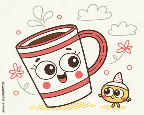 Cute cartoon coffee cup and smiling character in a whimsical setting  