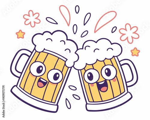 Cartoon beer mugs celebrating with joy against a cheerful backdrop  