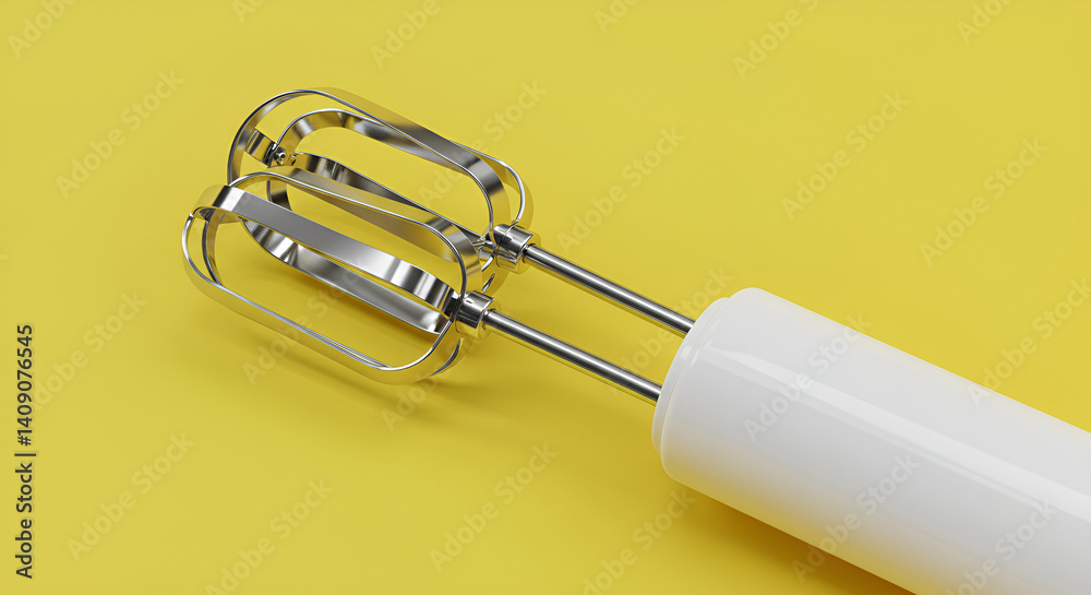 Detailed image of a hand mixer with chrome beaters and white body, lying flat on a bright background Detailed image of a hand mixer with chrome beaters and white body, lying flat on a bright background