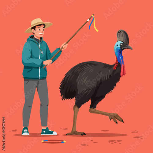 Person Playing with Cassowary Bird on Orange Background