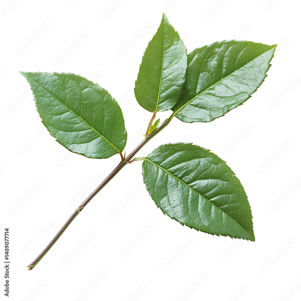 Fototapeta premium Lush Green Rose Leaves on Branch Isolated Black Background