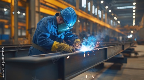 Steelworker assembling metal frames at a construction site. Featuring teamwork and expertise