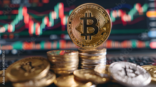 Uptrend stacks coins,on the financial stock charts as backgrou