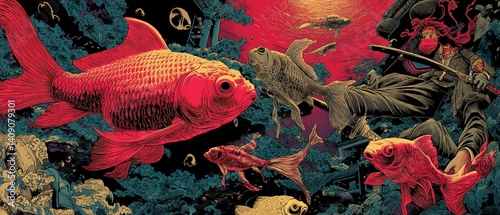 Vibrant aquatic scene with a samurai figure. photo