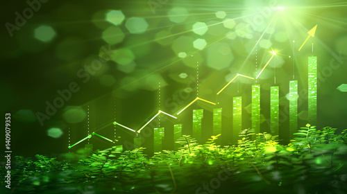 Widescreen Abstract financial graph with uptrend line and bar chart of stock market on blue color background