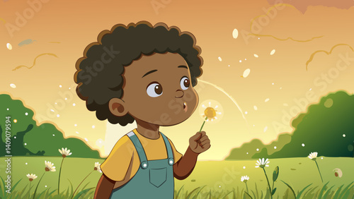 Child blowing dandelion seeds at sunset warm golden light idyllic nature scene summer joy