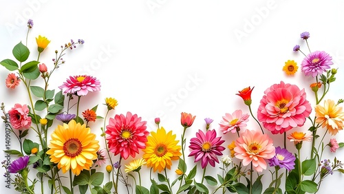 Fresh Summer Garden Flowers With Pink Roses And Yellow Daisies Border