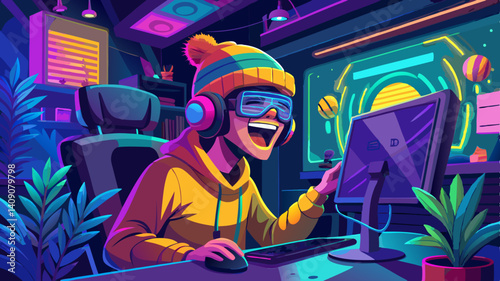 Joyful Gamer in Neon Lit Room Plays PC Game Vibrant Style Headphones and Virtual Reality Goggles