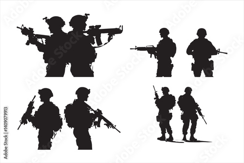 A military army with weapons, USA men soldiers with rifle, vector illustration, Black color silhouette white background