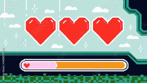 Pixel Heart Game Level Up Three red pixel hearts ascending in a playful 8 bit sky with a progress