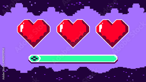 Pixel Heart Game Life Bar Retro 8 bit design with vibrant purple background and neon green progress
