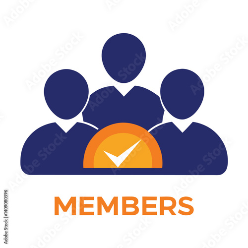 Team Icon with Check Mark Sign, Navy Blue People Symbols and Orange Accents Design