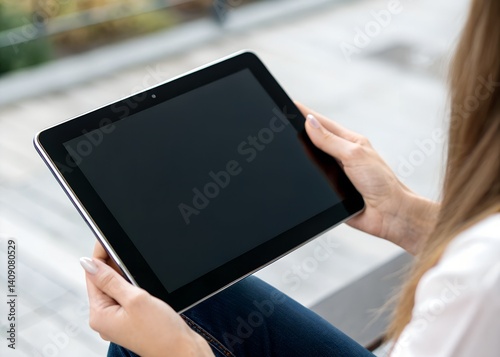 High-Quality Tablet Mockup Held in Female Hand – Black Screen Close-Up