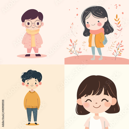 Adorable cartoon portraits of kids in autumn outfits with pastel backgrounds. Great for children’s content, avatars, nursery themes, and educational illustrations.

