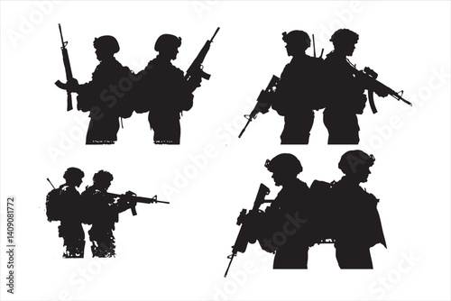 A military army with weapons, USA men soldiers with rifle, vector illustration, Black color silhouette white background