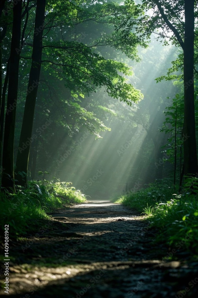 sunlight shining through the trees in a forest with a dirt path sunlight shining through the trees in a forest with a dirt path