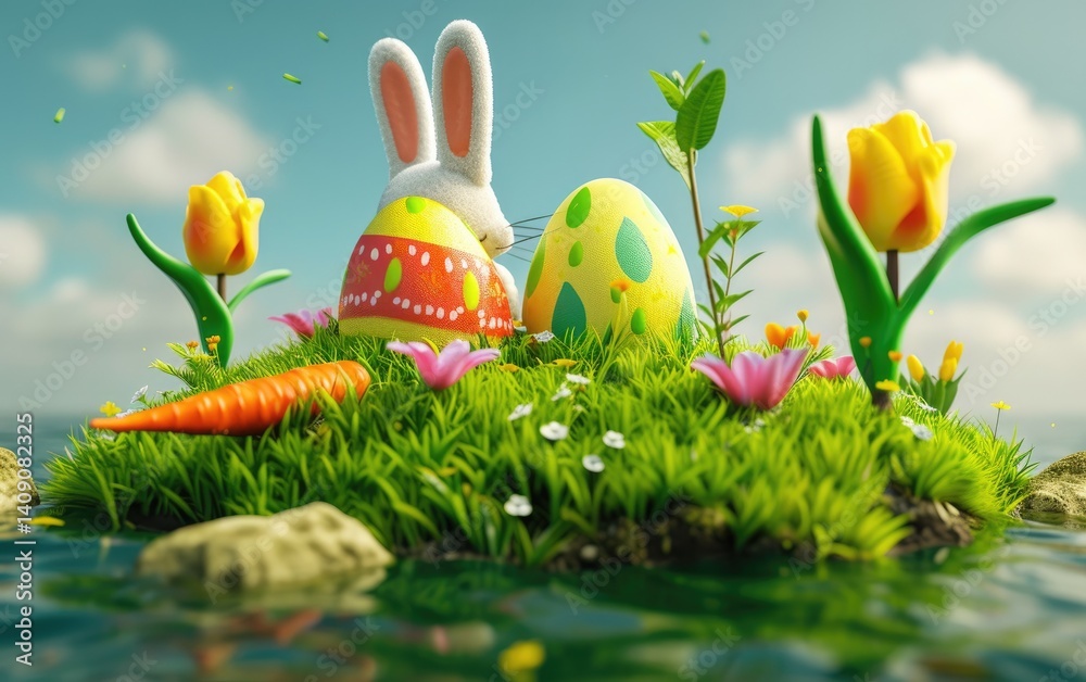 A fluffy white bunny sits on a small grassy island in water with colorful Easter eggs and tulips nearby.