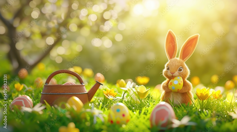 A cute cartoon bunny holds a decorated Easter egg in a sunny spring garden filled with colorful eggs and flowers.