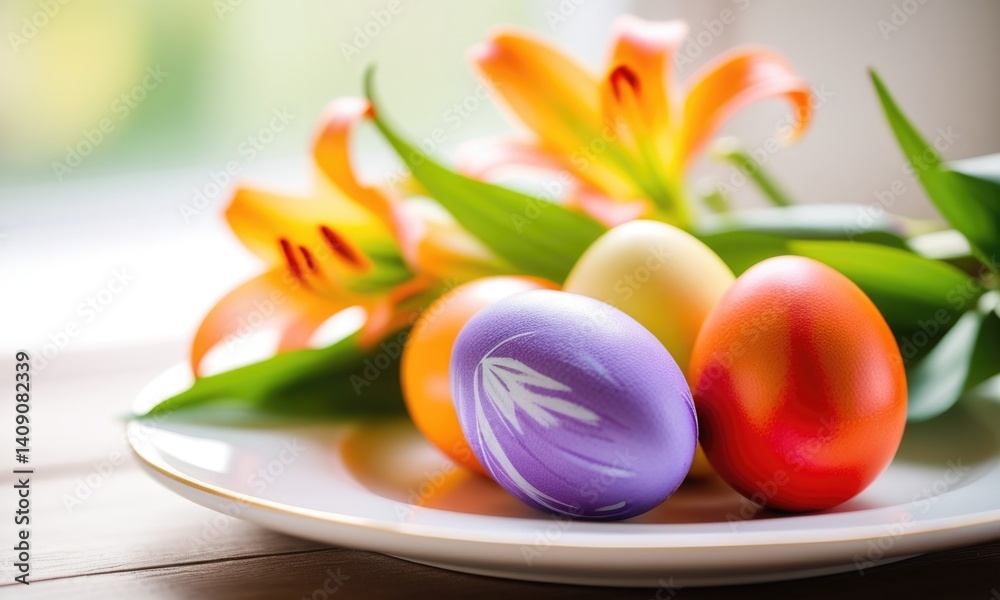 Colorful easter eggs with vibrant lilies on a sunny spring morning Colorful easter eggs with vibrant lilies on a sunny spring morning