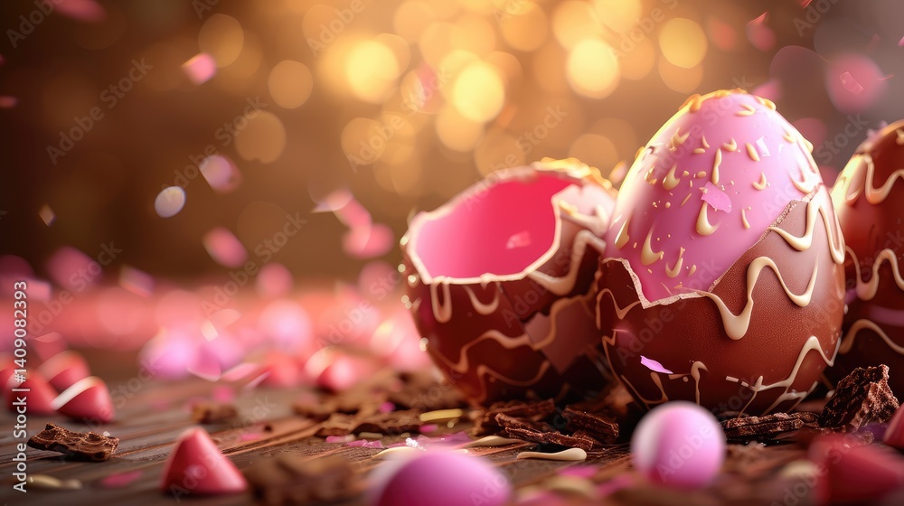 Close-up shot of broken pink and chocolate Easter eggs surrounded by confetti and other chocolate treats.