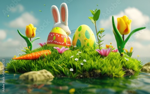 Obraz na płótnie A fluffy white bunny sits on a small grassy island in water with colorful Easter eggs and tulips nearby. w salonie