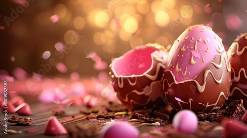 Obraz na płótnie Close-up shot of broken pink and chocolate Easter eggs surrounded by confetti and other chocolate treats. w salonie