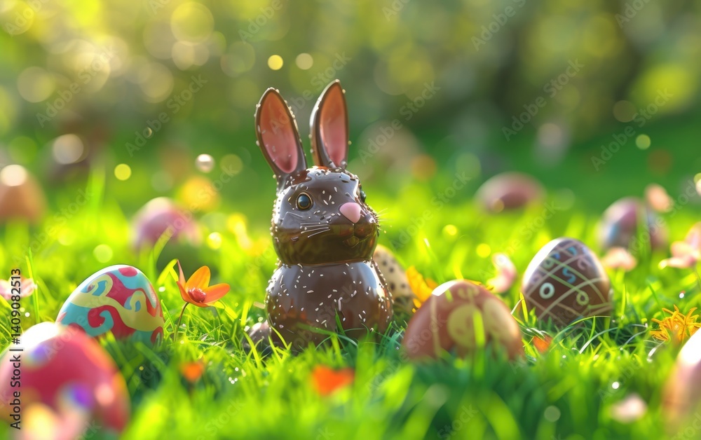 Chocolate Easter Bunny Amidst Colorful Eggs In Grass