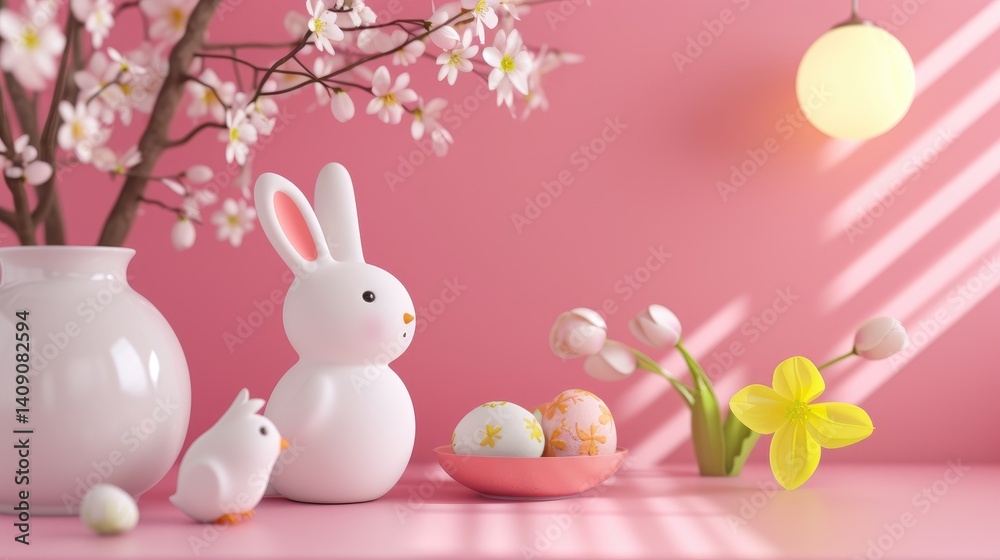 White bunny, decorated Easter eggs, spring blossoms, and a chick, all set against a pink background.