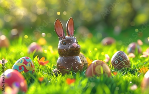 Obraz na płótnie Chocolate Easter Bunny Amidst Colorful Eggs In Grass w salonie